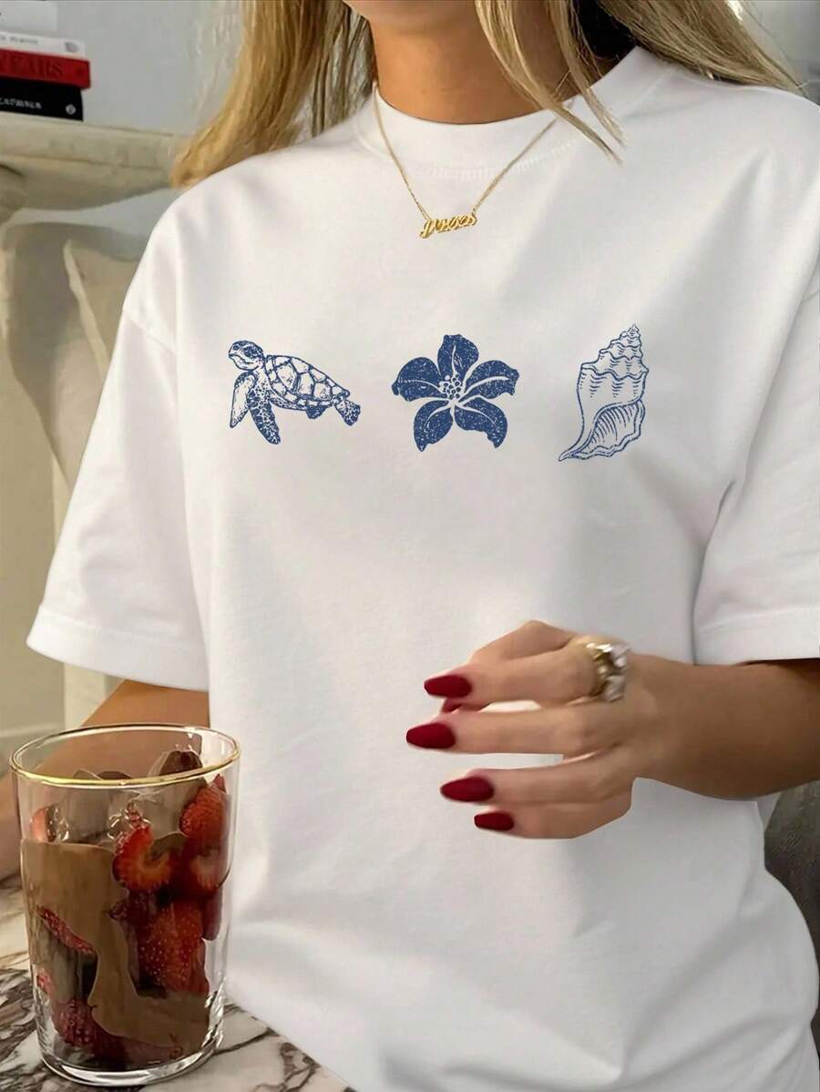EMERY ROSE 女士卡通海龟印花圆领宽松休闲T恤 - 白色 - 查看 1