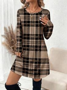 SHEIN LUNE 女士千鸟格圆领长袖休闲短裙