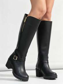 Botas largas de mujer hebilla decorativa punta redonda tacón grueso estilo urbano para oficina botas altas - Negro - Ver 3