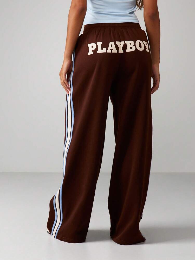 Missguided x Playboy Women's Wide Leg Side Stripe Joggers With Drawstring Waist And Relaxed Fit For Casual Comfort
