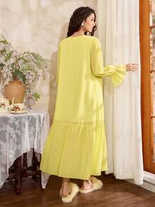 Côtesoire ثوب نوم نسائي فضفاض مزين بالدانتيل الفرنسي الأنيق والفيونكة، بأكمام واسعة وذيل مكشكش، مناسب لعيد الحب - أصفر - مشاهدة 2