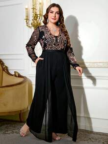 Gownix 大码女式网纱拼接褶皱休闲长袖阔腿连体裤 - 黑色 - 查看 7