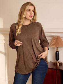 Rosumi Plus Size Round Neck Long Sleeve Casual Loose Soft Appealing Winter T-Shirt,Fall Clothes - Brown - View 1