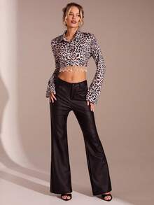 Glamine Women's Leopard Print Crop Top,Light Beige Autumn 70s Beaded Tassel Shirt,Collar Long Flare Sleeves Knitted Fabric Blouse,Party Club Night Festival - Multicolor - View 3