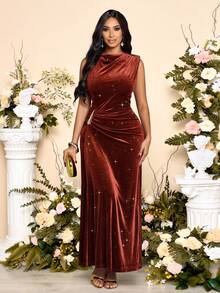 SOLERSUN Váy thu đông trang trí kim loại nhung trơn màu thanh lịch dành cho nữ, dáng ôm vừa vặn, thích hợp mặc đi làm hàng ngày, mua sắm, tiệc tùng, tụ tập, thích hợp cho tiệc Giáng sinh, hẹn hò ngày lễ tình nhân - Rỉ Nâu - Xem 1