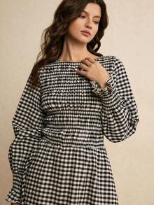Poéselle 女士优雅通勤格子中长连衣裙 - 黑與白 - 查看 5