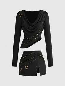 ROMWE Grunge Punk Áo thun tay dài ôm sát cổ xẻ viền kim loại Punk cổ điển kết hợp chân váy ngắn cạp trễ - màu đen - Xem 1
