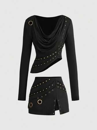 Grunge Punk Top à manches longues ajusté avec fente au bas et décorations de métal vintage punk, assorti à une mini-jupe taille basse