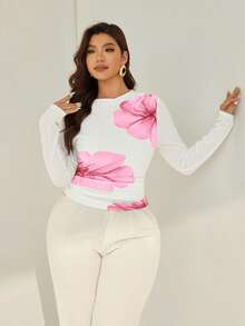 SHEIN Essnce Plus Size Contrast Color Floral Print Round Neck Long Sleeve T-Shirt - Pink - View 5