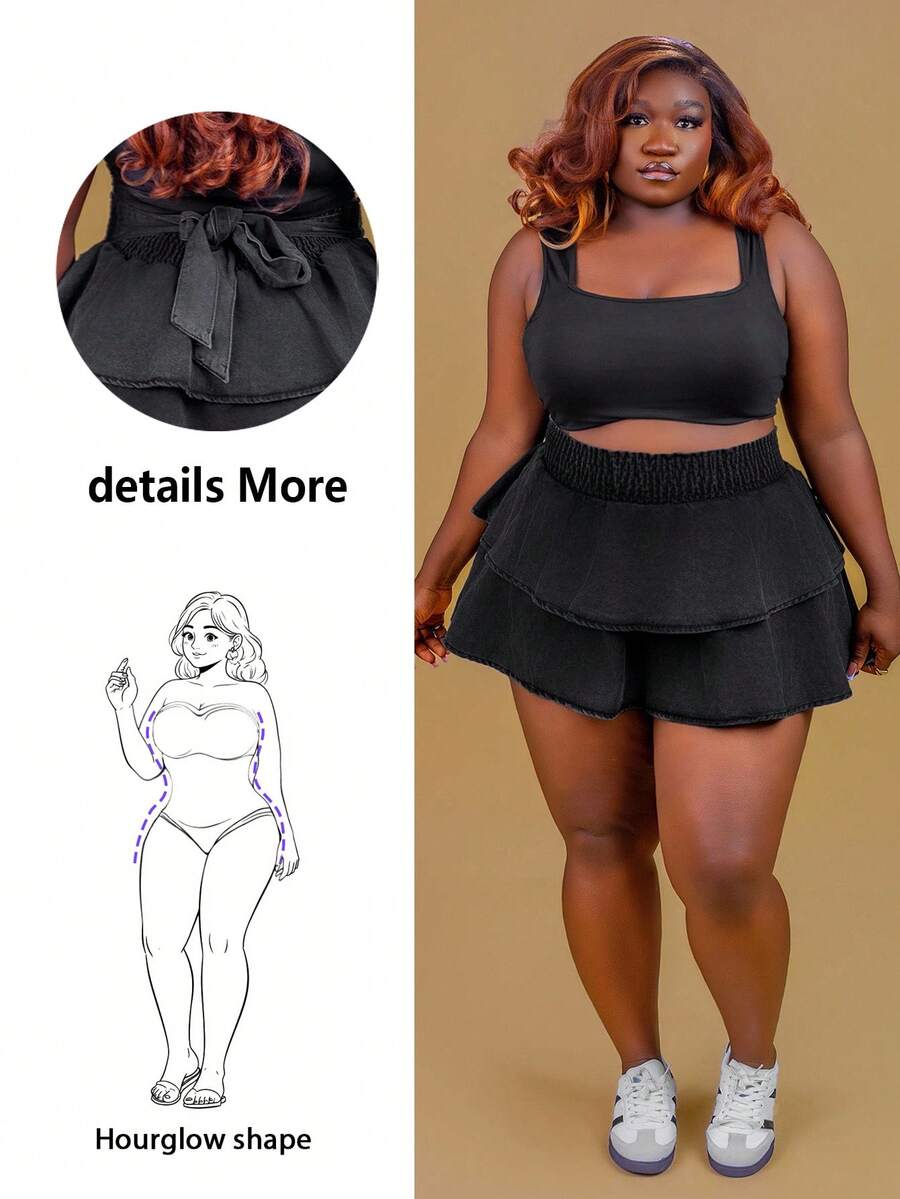 CurvyTilda Chân váy denim mini cỡ lớn có nơ trang trí, màu xanh - màu đen - Xem 1