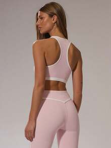 Musera Sport Áo ngực thể thao cổ tròn phối màu tương phản, kiểu lưng chữ Y, thích hợp cho mùa đông, tập luyện thể thao, tập gym, trượt tuyết, thể dục ngoài đường trượt. - Màu Hồng baby - Xem 4
