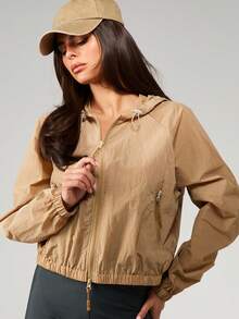 MISSGUIDED Active Semi Sheer Windbreaker Jacket With Hood Zip Up Long Sleeve Casual Outerwear For Women Fall Spring - Brown - View 5