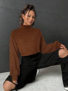 SHEIN EZwear 春季高领落肩罗纹针织灯笼袖短款 T 恤 - 棕色 - 查看 5