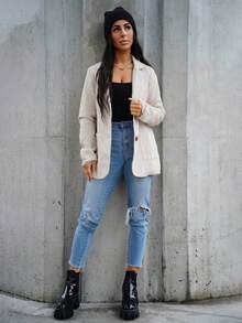 SAYEHFBABY 高品质女士人字纹羊毛混纺外套，米色，秋冬款 - 杏色 - 查看 1