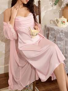 Côtesoire Set Pakaian Tidur Wanita Bergaya Romantis Prancis yang Elegan dengan Jubah Bulu & Jala & Gaun Selip Leher Berdrapery Satin - Baby Pink - View 1