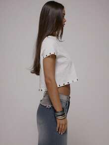 MUSERA 短款宽松镂空细节T恤，秋冬街头风，酷女孩Y2K日常休闲风，春夏假日风 - 白色 - 查看 5