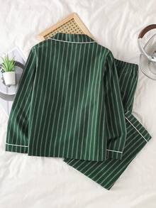 4-Season Boys' Green Striped Minimalist Woven Cardigan Collar Long Sleeve Pajama Set, Loungewear For Big Kids Striped Pajama Set - Green - View 2