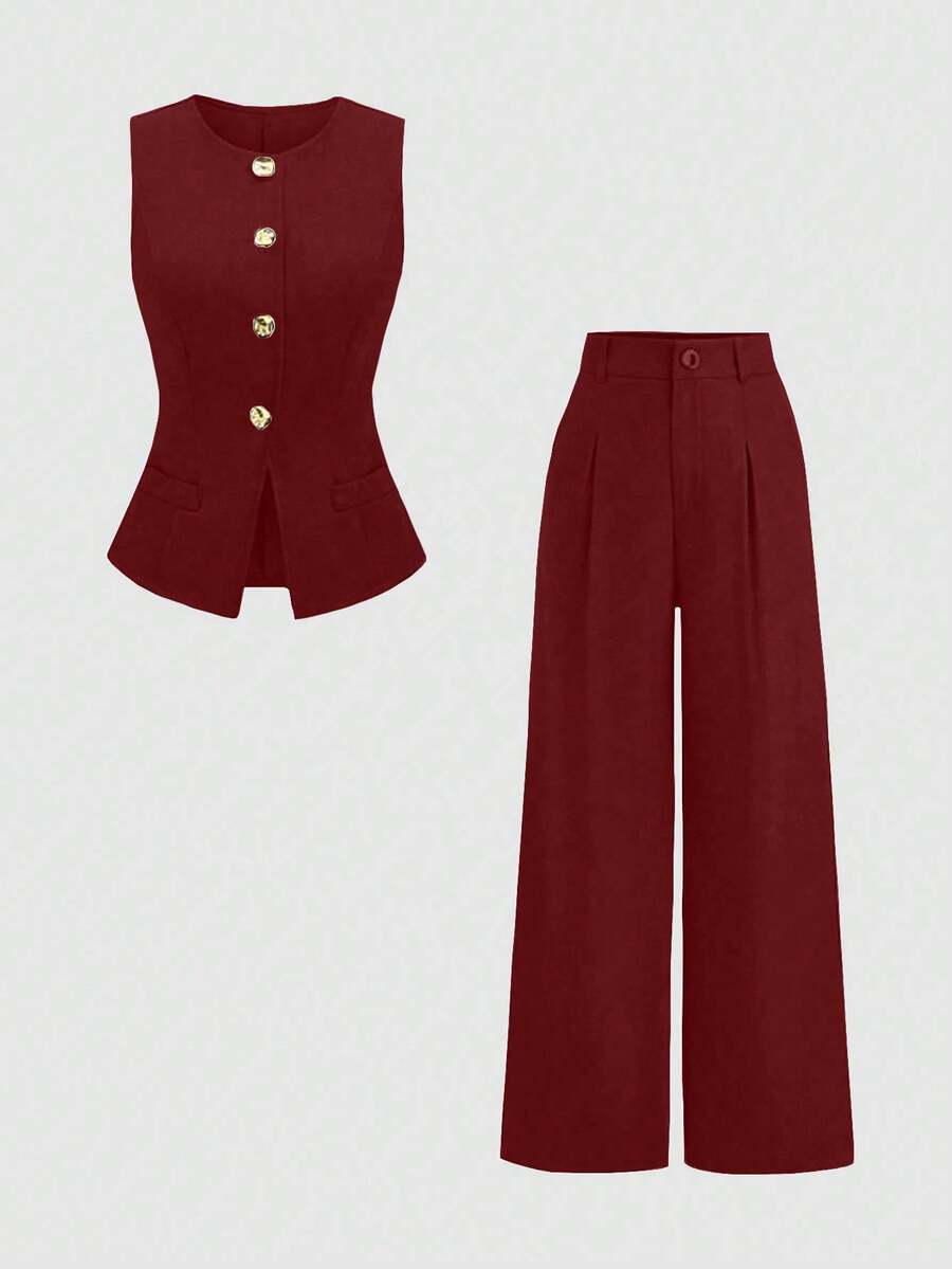 Sweetra 女士单排扣装饰纽扣背心和褶裥阔腿裤套装 - 紅木色 - 查看 1