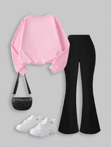 Tween Girl Bow Print Pink Crew Neck Sweatshirt & Black Flare Pants Set, Casual Fashionable Warm Hoodie - Multicolor - View 3