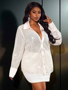 Truni 大码女式亮片衬衫，缎面袖口设计，适合梨形三角身材/2026/新年 - 杏色 - 查看 3