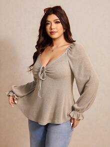 Elaquor Plus Size Women Solid Color Front Tie Flare Sleeve Ribbed Fashionable T-Shirt Tie Front Top - Apricot - View 4