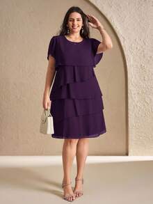 Chikora Gaun Ukuran Besar Elegan Warna Polos dengan Hem Berlapis dan Rumbai, Musim Panas - Purple - View 6