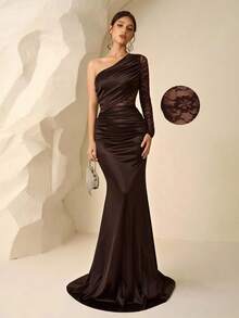 Coutiva Robe de demoiselle d'honneur sexy avec patchwork en dentelle, manches longues, épaules asymétriques et coupe ajustée, couleur unie. Idéal pour la Saint-Valentin - Tabac - Voir 3