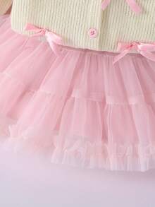 SHEIN Playful Pals 2-Piece Baby Girls Outfit: Apricot Long Sleeve Cardigan With Bow Decor Top + Burgundy Tulle Cake Skirt, Set For Autumn/Winter