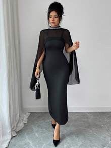 Elenzga 女士春秋新款雪纺披肩领连衣裙，饰以优雅珍珠。 - 黑色 - 查看 5