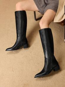 MOTF 女士时尚日常休闲百搭短款粗跟及膝靴 - 黑色 - 查看 1