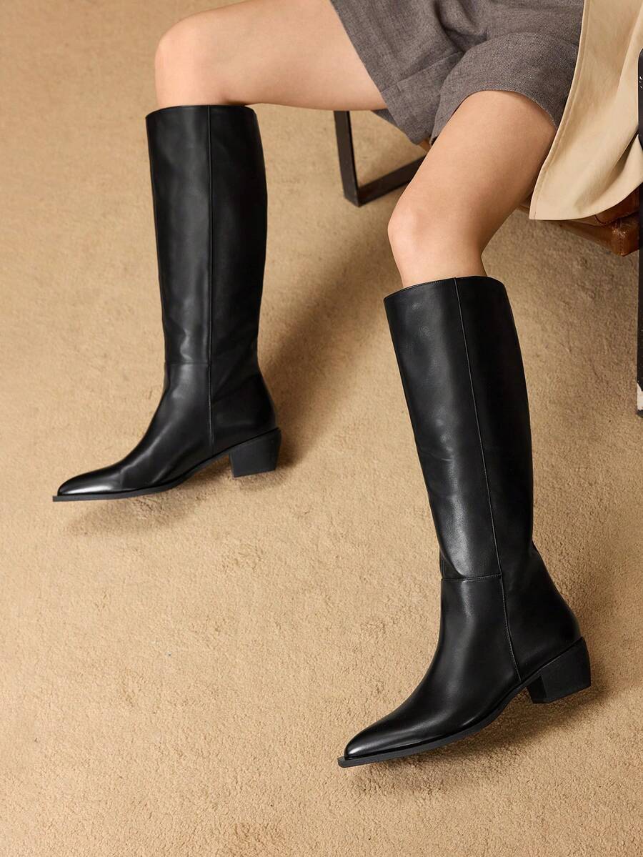 MOTF 女士时尚日常休闲百搭短款粗跟及膝靴 - 黑色 - 查看 1