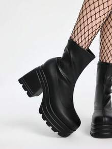 ROMWE Grunge Punk 2025 年秋冬女式休闲一脚蹬高跟厚底时尚靴，搭配秋季服装、连帽衫、弹力 PU 皮革中筒黑色靴子 - 黑色 - 查看 4