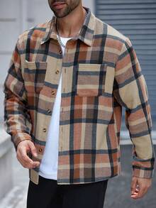 Manfinity Homme Plaid Button-Front Long Sleeve Casual Versatile Everyday Shacket, Perfect Holiday Gift For Boyfriend & Husband - Khaki - View 3