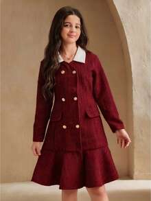 SHEIN Abrigo de lana con cuello de solapa, manga larga, doble botonadura y dobladillo con volantes de color block elegante para niñas preadolescentes - Burdeos - Ver 3