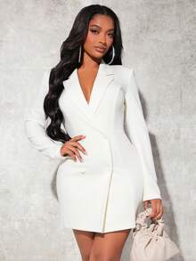 SHEIN SXY 秋冬季大码性感双排扣西装裙 - 白色 - 查看 4