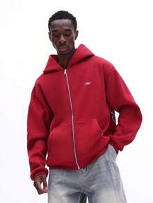 SUMWON 男士宽松全拉链连帽衫，背面饰有大星星图案，配有抽绳帽，打造休闲街头风。 - 酒紅色 - 查看 4