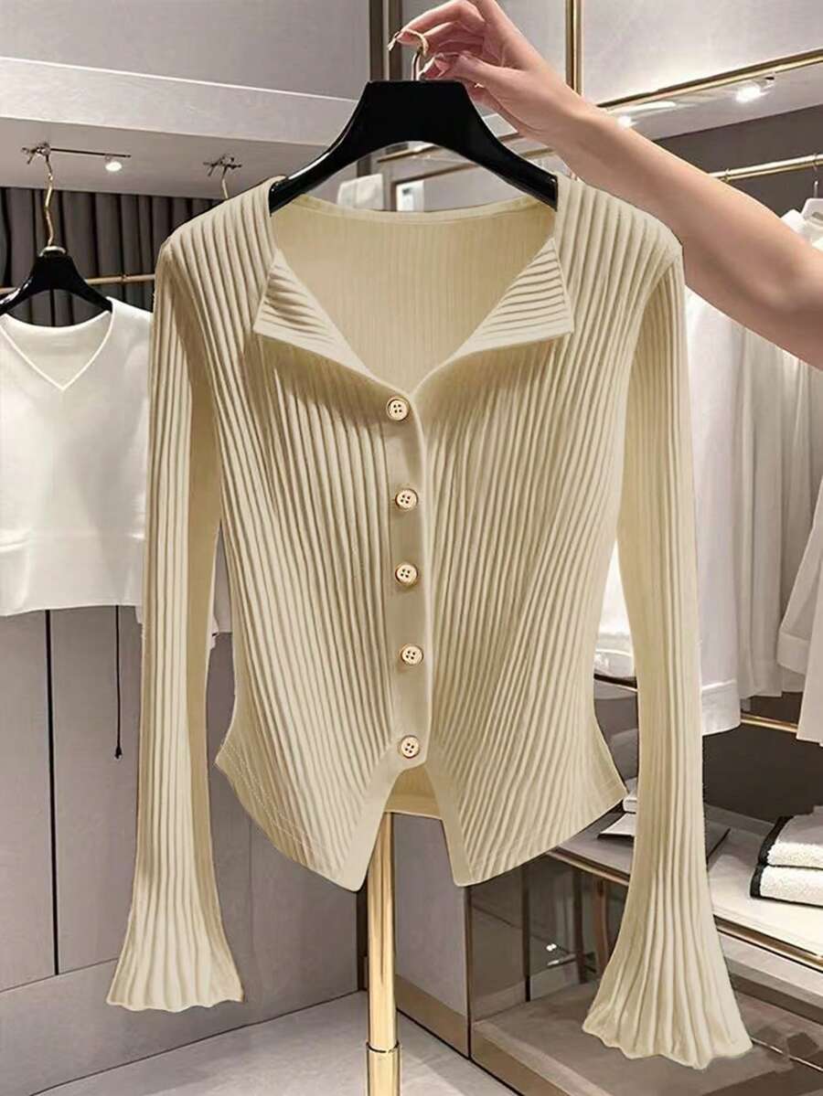 GlowEve Women's Solid Color Single-Breasted Fashionable Versatile Daily Commute Bell Sleeve T-Shirt - Apricot - View 1