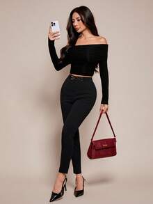 SHEIN PETITE 女士高腰金属扣饰紧身裤 - 黑色 - 查看 7