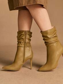Rosivie Women's Fashion Versatile Commuter Ruched Pointed Toe Mid-Calf Boots For Christmas - Brown - View 3