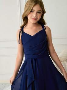 Elegant Navy Blue Summer Flower Girl Dress,Traditional Wedding Princess Ball Gown,Sleeveless Chiffon Tulle Graduation Dress For Tween Girl,Formal - Navy Blue - View 7