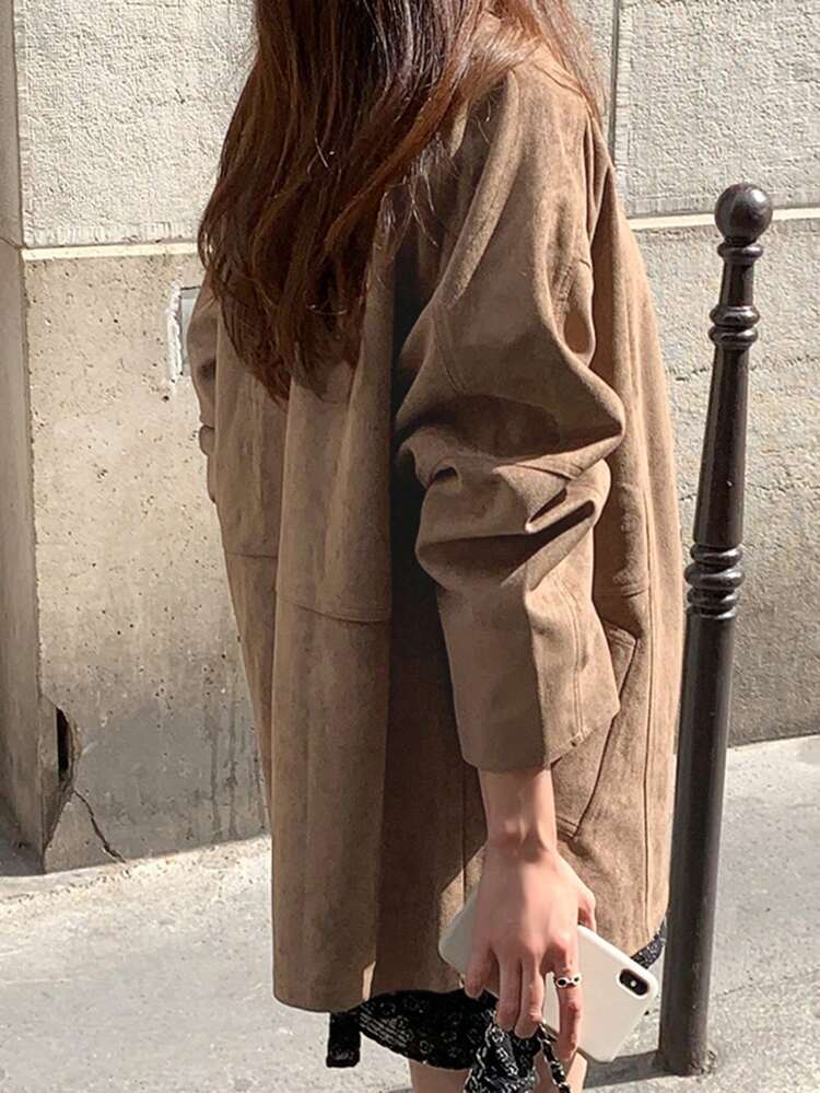 Women's Suede Jacket, Mid-Length, Turndown Collar, Casual, Versatile, Windbreaker, Regular Fit Women Coats