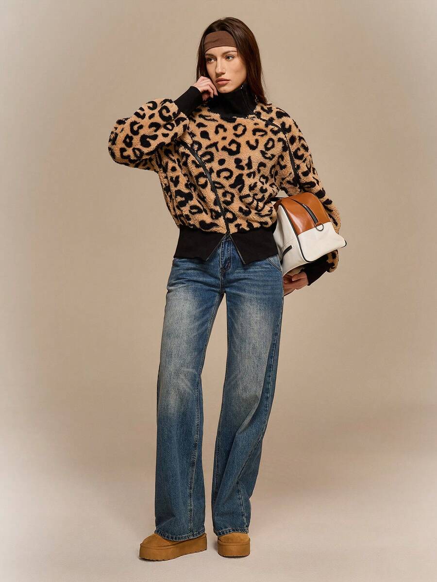 Hanevo Casual Leopard Print Zip-Up Turtleneck Sweatshirt, Autumn/Winter - Multicolor - View 1