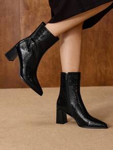 MOTF WOMEN'S SOLID COLOR FASHION POINTED TOE SIDE ZIPPER HIGH HEEL MID-CALF BOOTS FOR CHRISTMAS - Black - View 5
