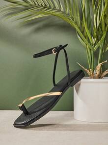 SHUZIA #UrbanLuxe Women's Electroplated Gold TPU Strap Black Ankle Wrap Ring Toe Flat Sandals – Elegant, Minimalist & Luxurious Everyday Style. - Black - View 6