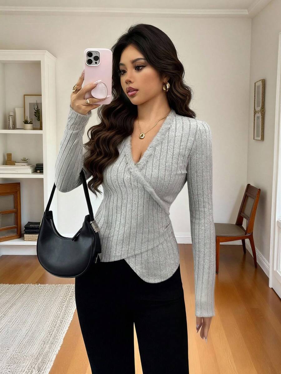 Rafferiza Blusa de punto corta con cuello en V y ribete acanalado en color albaricoque, adecuada para uso diario, bodas, galas, ir al trabajo, fiestas de graduación, vacaciones, citas, fiestas, Halloween, Navidad, Año Nuevo, Acción de Gracias - Albaricoque - Ver 1