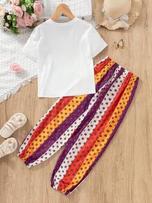 White Summer Cute Family Matching Al-Adha 2-Piece Cartoon Girl Printed T-Shirt And Casual Rose Pants Set For Tween Girls 11 Years Old Clothes - Multicolor - View 2