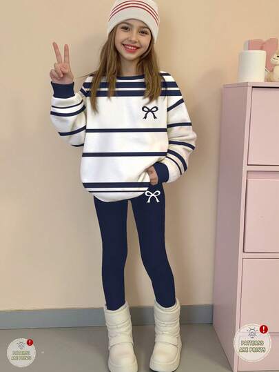 SHEIN Leap Crew Set de 2 buc. pentru fete preadolescente, casual și elegant, clasic, cu dungi și mini funde, culoarea Merlot, hanorac moale, gros, cu guler rotund, mânecă lungă și colanți cu imprimeu floral, potrivit pentru toamnă/iarnă