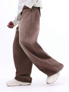 SUMWON Jeans de tiro alto y pierna ancha con lavado vintage, diseño clásico de cinco bolsillos, para uso casual y streetwear en otoño e invierno - Marrón - Ver 4