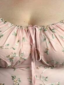 Enliva Vestido de línea A con manga de campana, con bordado floral romántico de malla para mujer de talla grande, color rosa, para vacaciones de primavera - Rosa Pálido - Ver 6
