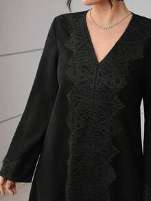 Al Najma Vestido casual de estilo árabe con adorno de encaje en color verde oliva para mujeres - Negro - Ver 8
